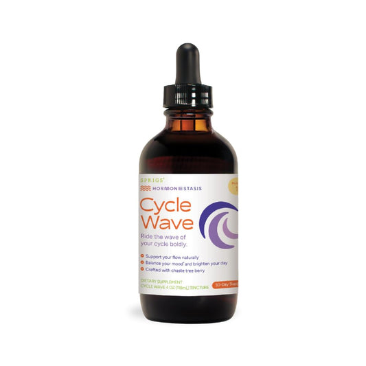 Sprigs Cycle Wave tincture bottle supports balanced mood and regular cycles