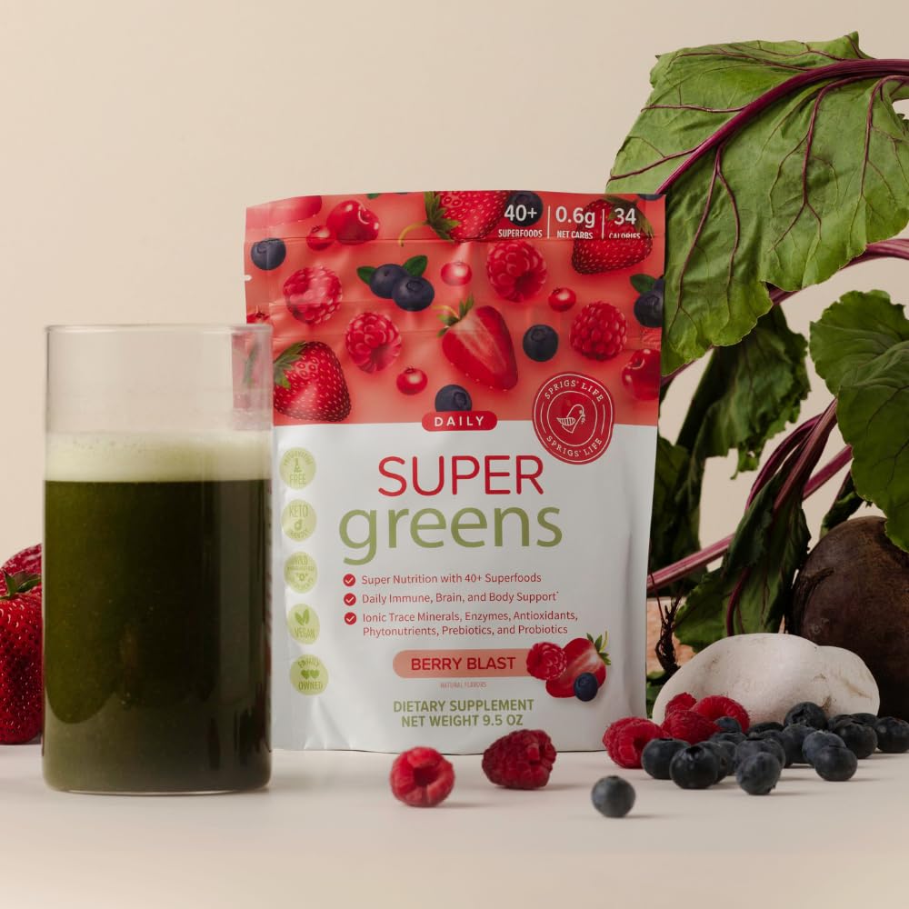 SPRIGS Daily Super Greens Berry Blast tub front for daily nutrition.