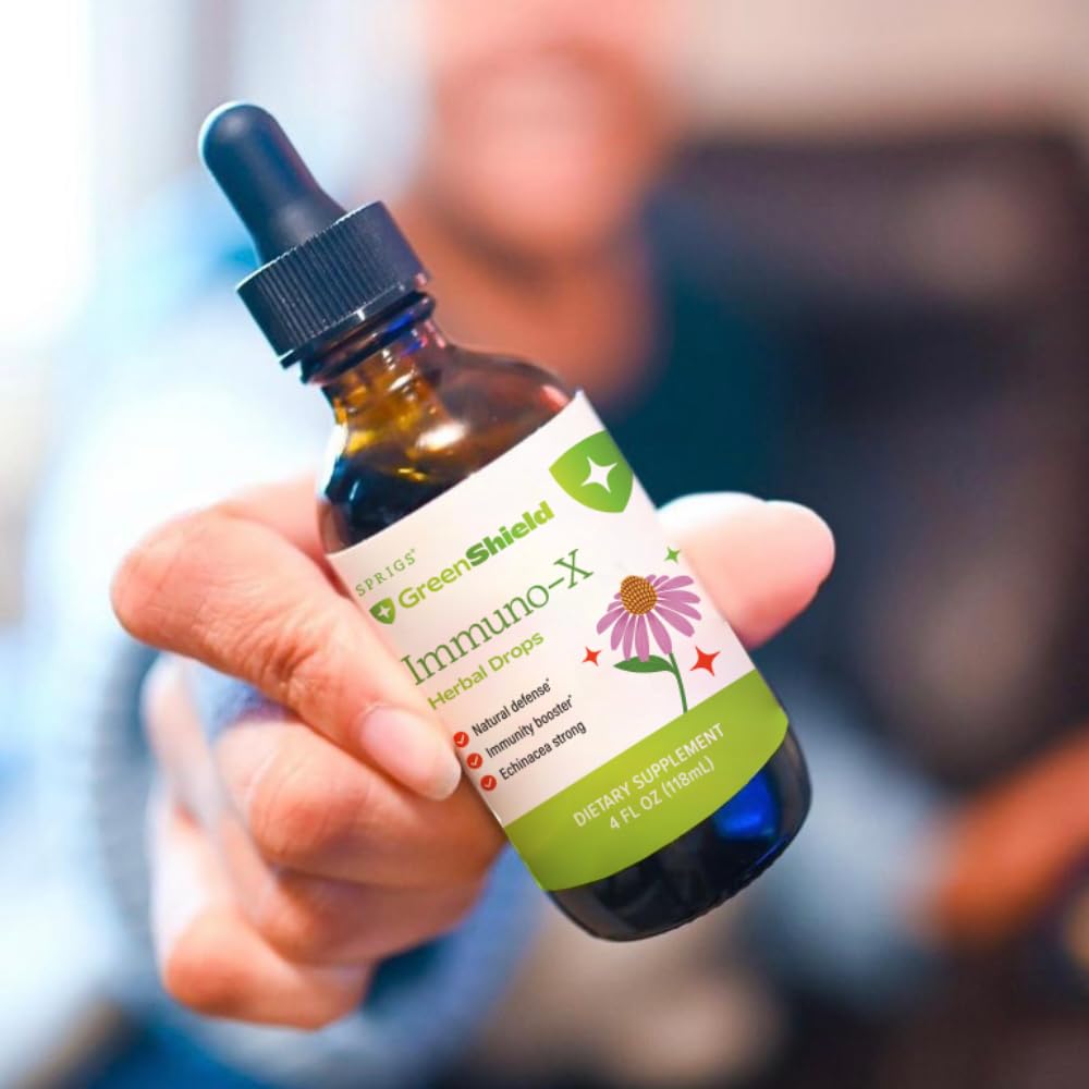 Close up of SPRIGS Immuno-X label highlighting organic herbs.