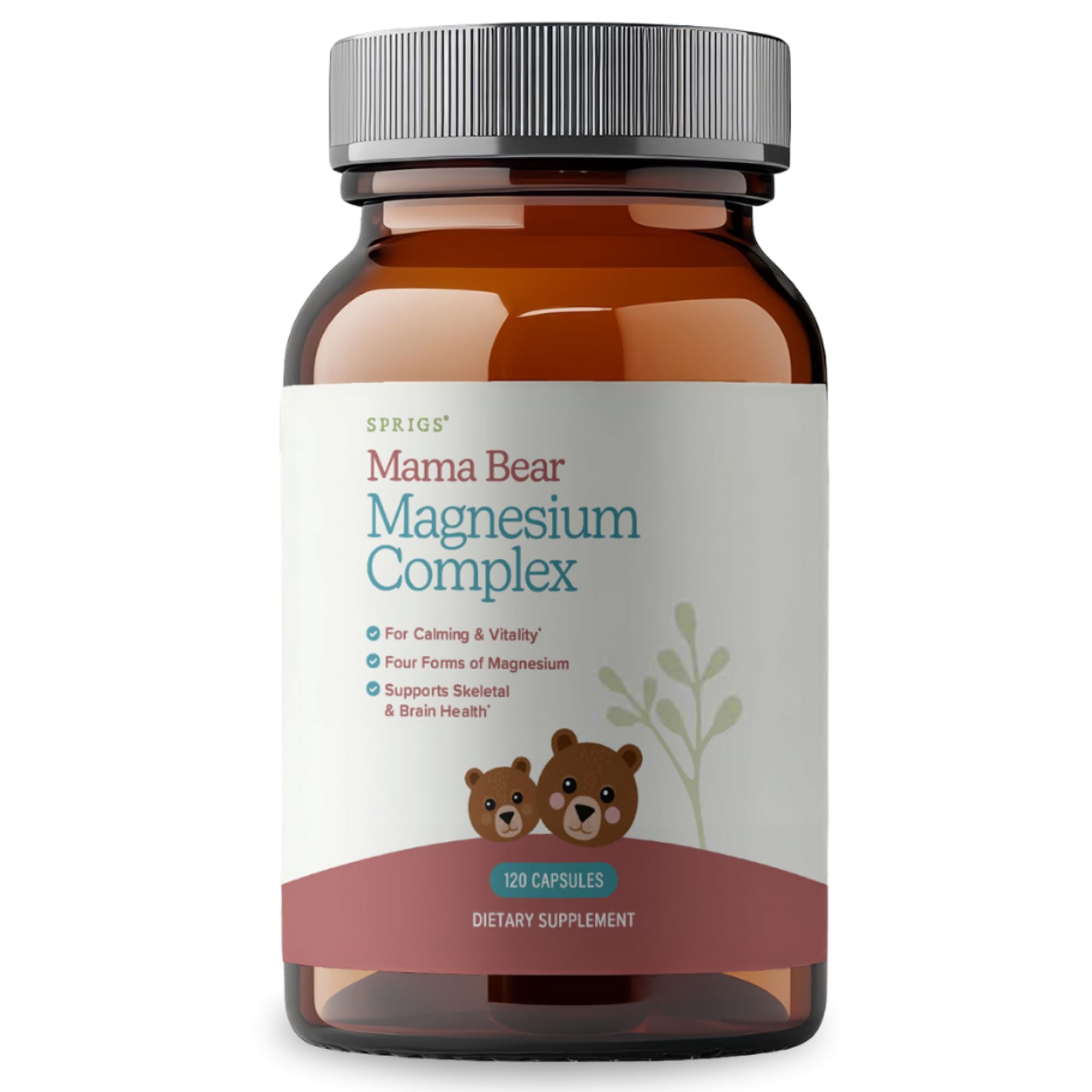 Sprigs Mama Bear Magnesium bottle closeup highlighting four magnesium forms for calm support.
