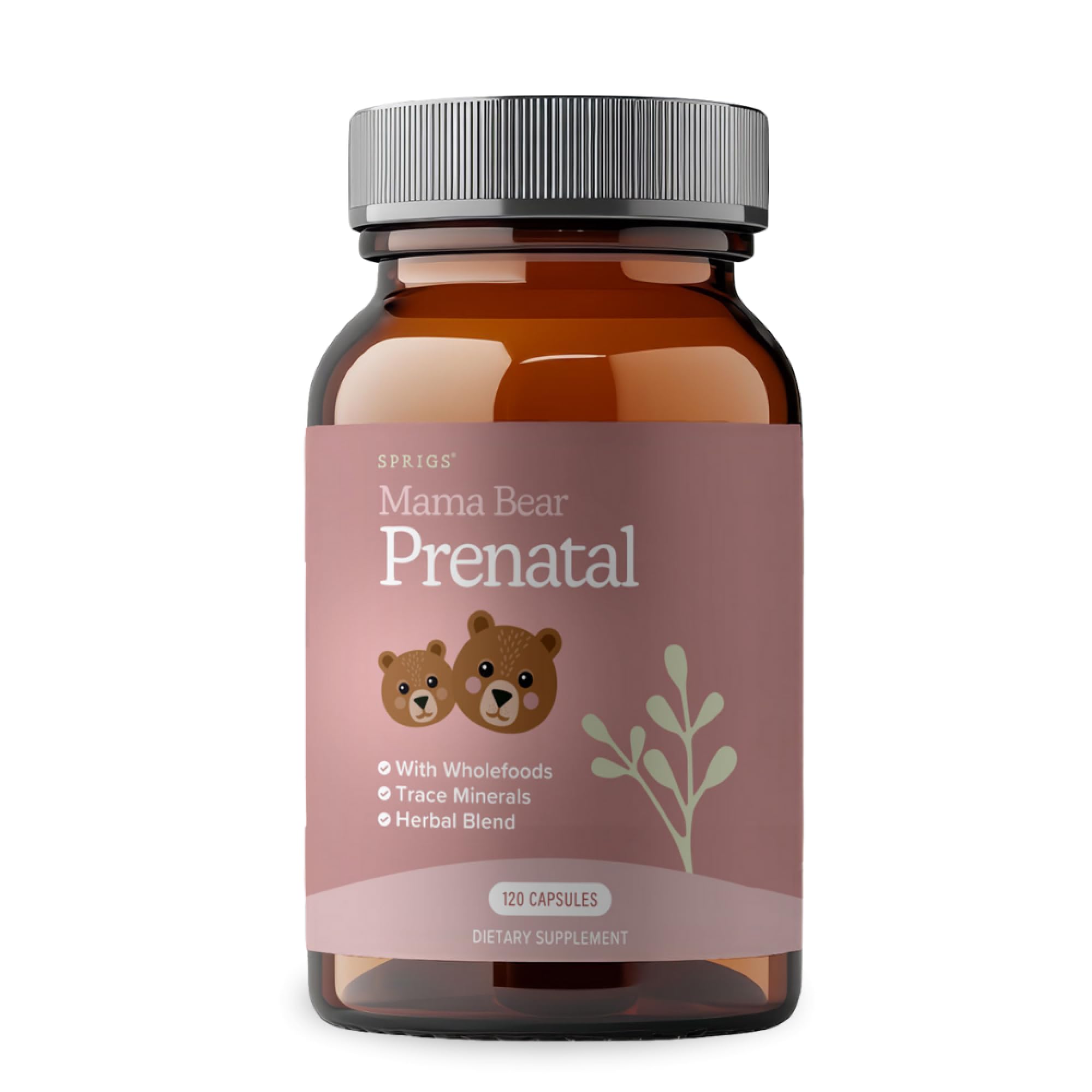 SPRIGS prenatal vitamins bottle front with easy-to-digest capsules for prenatal support.