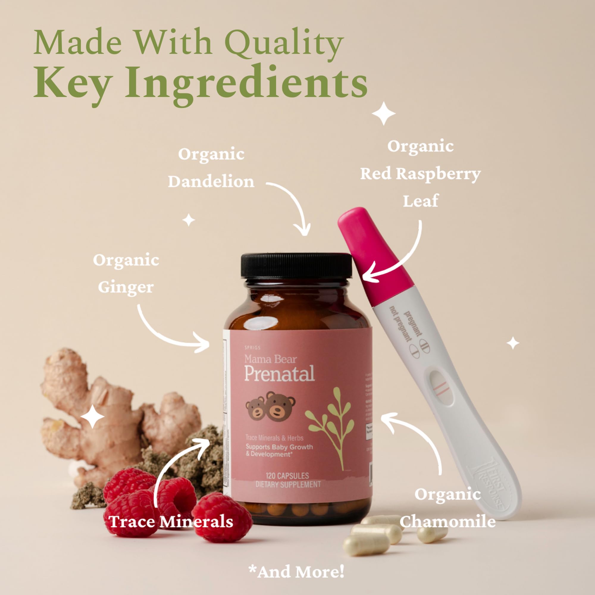 SPRIGS prenatal vitamins label shows folate, iron, B12 and minerals for balanced nutrition.