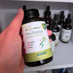 SPRIGS Pro-Fighter capsules close-up highlighting herbal ingredients for immune support.