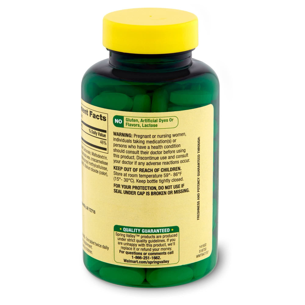 Spring Valley Calcium 600mg bottle back shows supplement facts and directions.