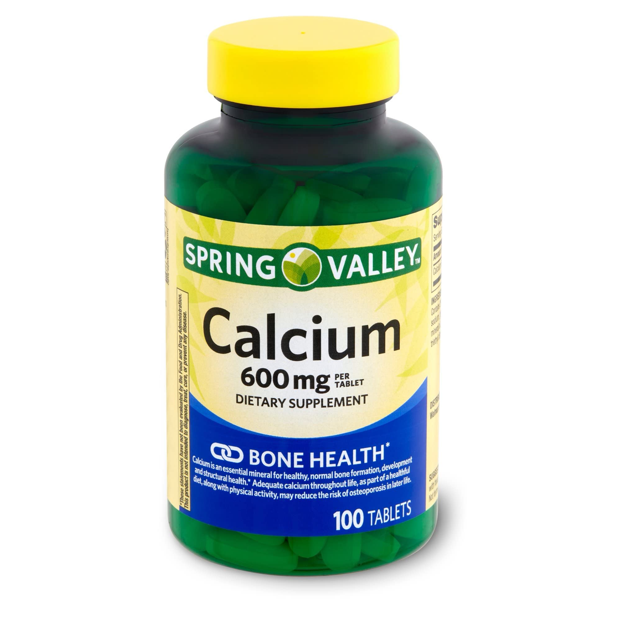 Spring Valley Calcium 600mg bottle front highlights dosage for daily use.