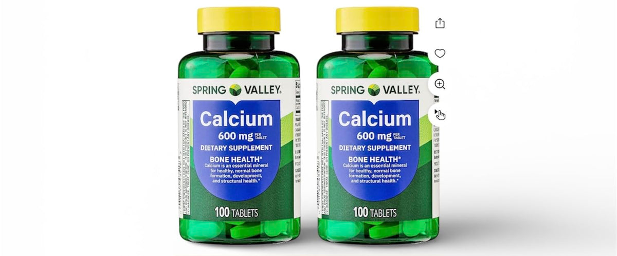 Spring Valley Calcium Bone Health bottle with tablets, highlighting the product in a routine setting