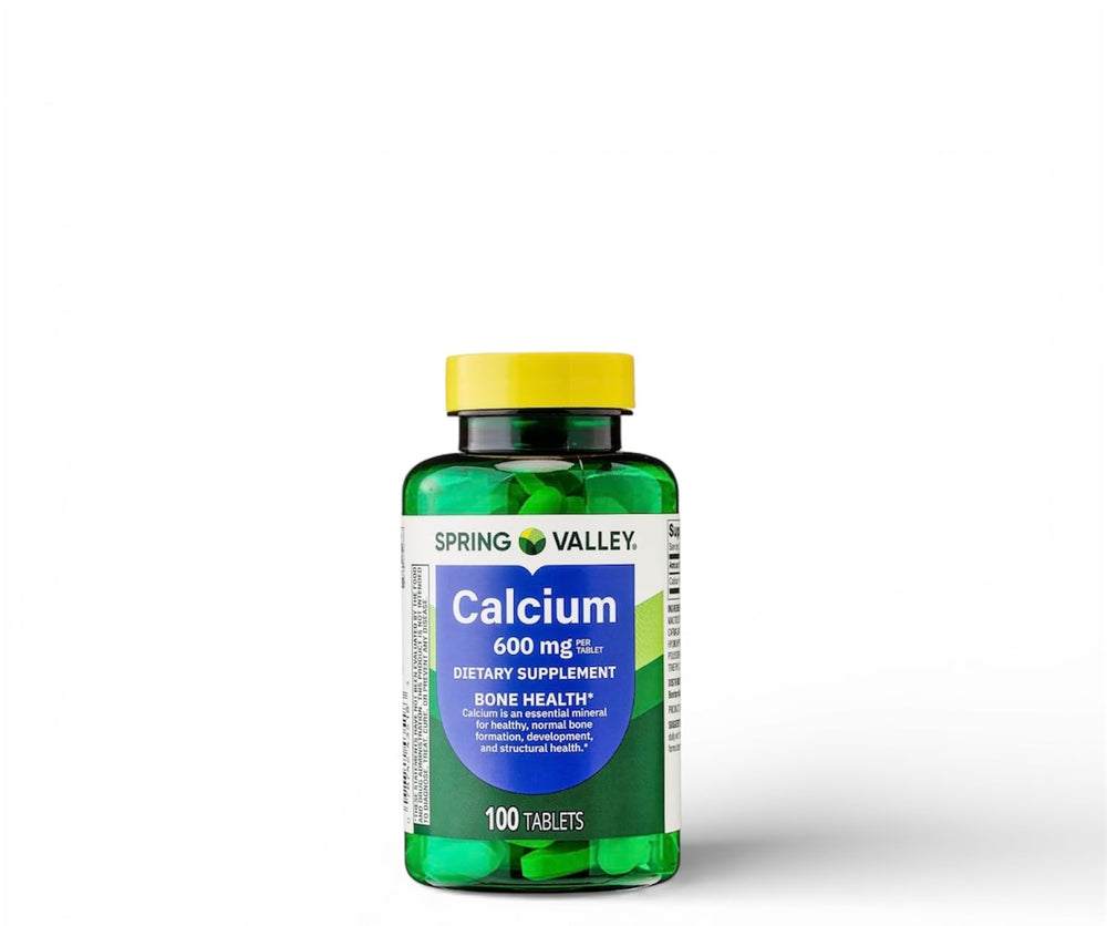 Spring Valley Calcium tablets close-up, showing the 600 mg dose per tablet