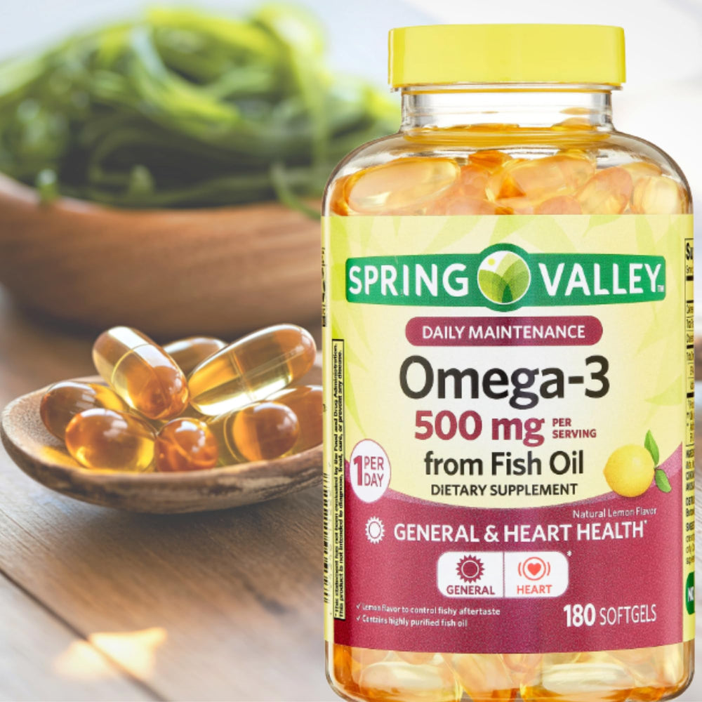 Spring Valley omega-3 softgels in a typical daily routine setup