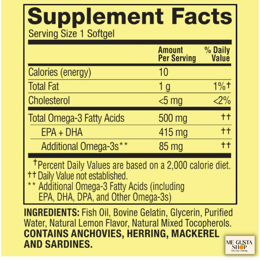 Spring Valley Omega-3 label closeup with 500mg per softgel