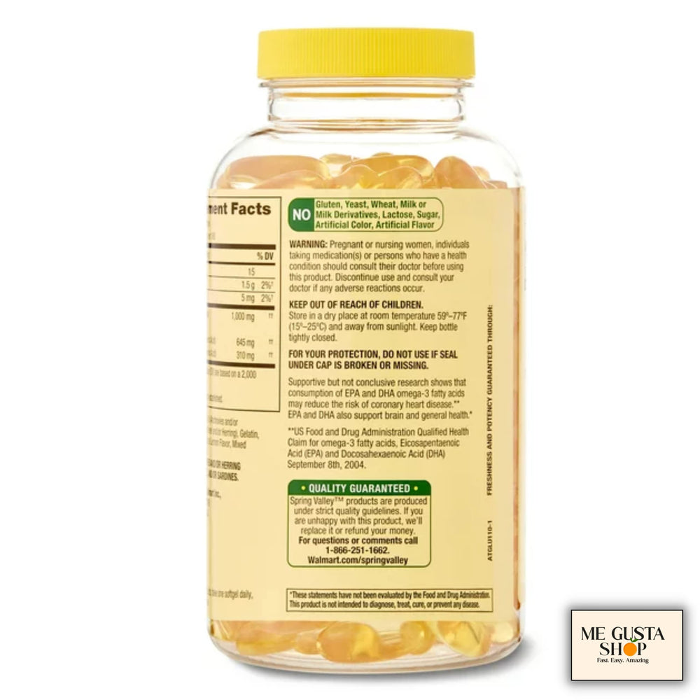 Spring Valley Omega-3 softgels label close-up with EPA and DHA details.