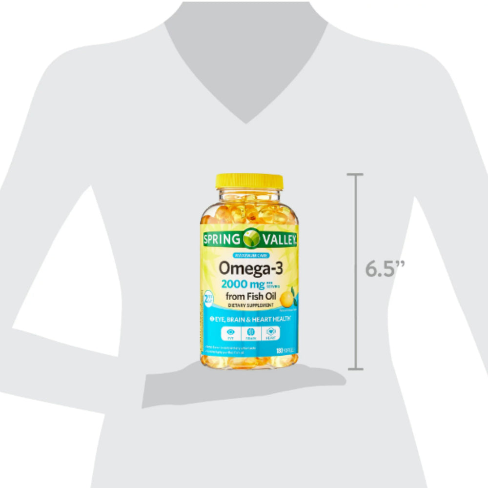 Spring Valley Omega-3 oil label close-up with product details.