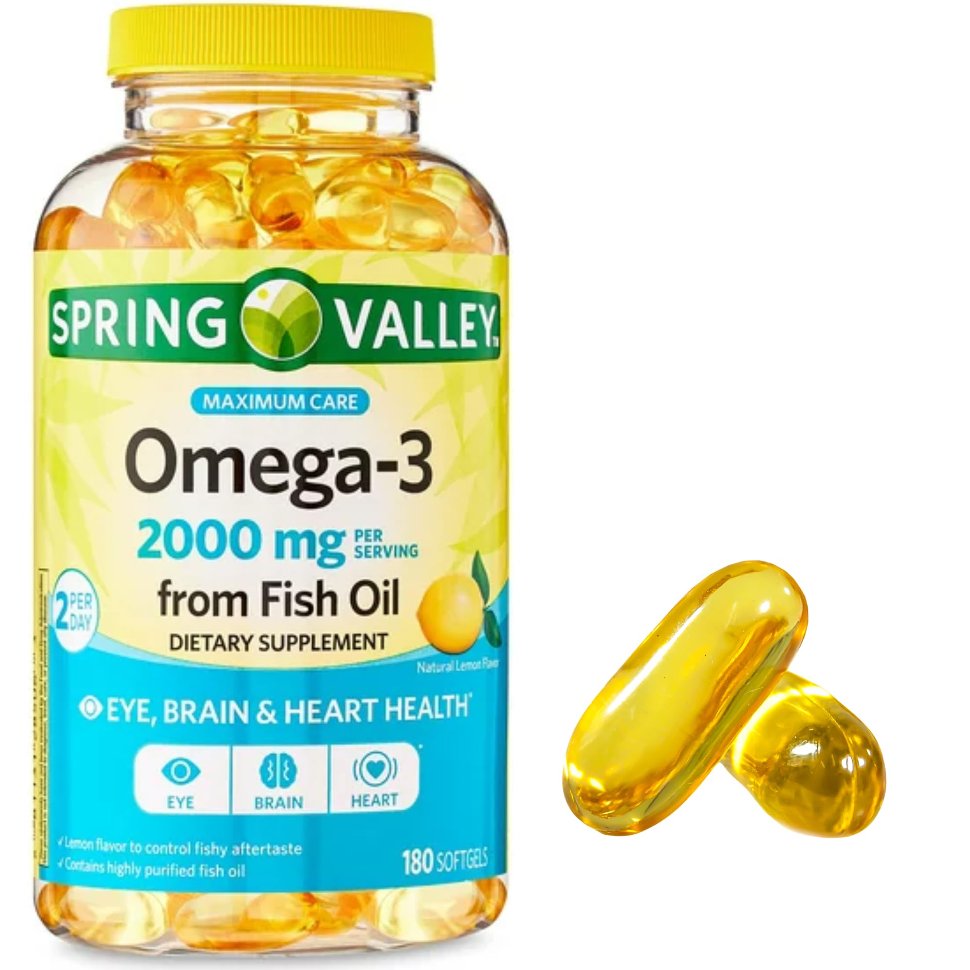 Spring Valley Omega-3 bottle packaging with clear labeling for easy identification.
