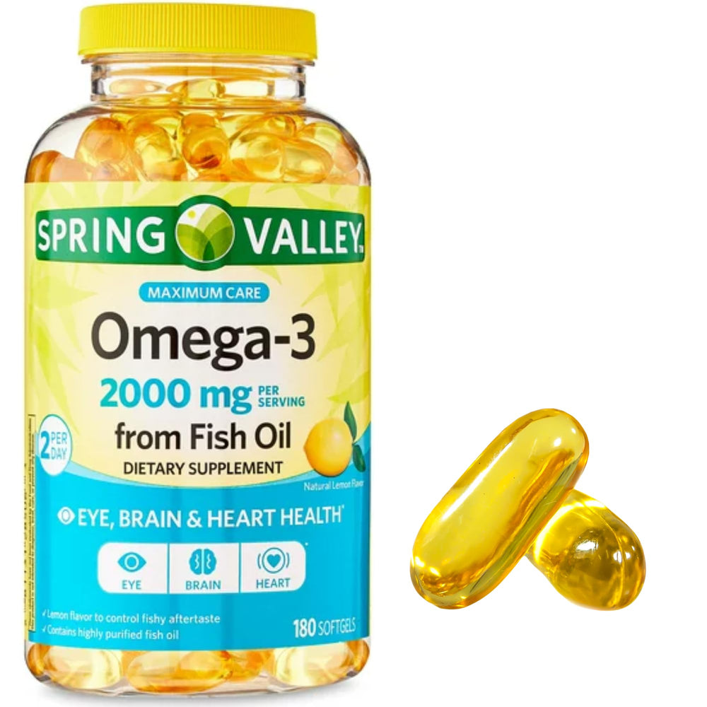 Spring Valley Omega-3 bottle packaging with clear labeling for easy identification.