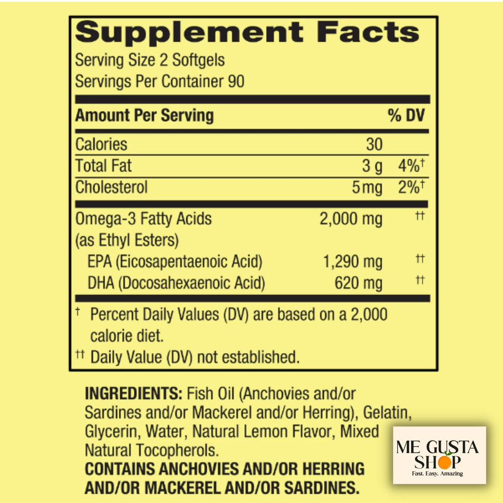Spring Valley Omega-3 softgels close-up with golden capsules.