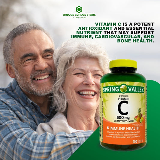 Spring Valley Vitamin C 500 mg tropical-fruit flavored tablets shown in bottle for convenient daily use
