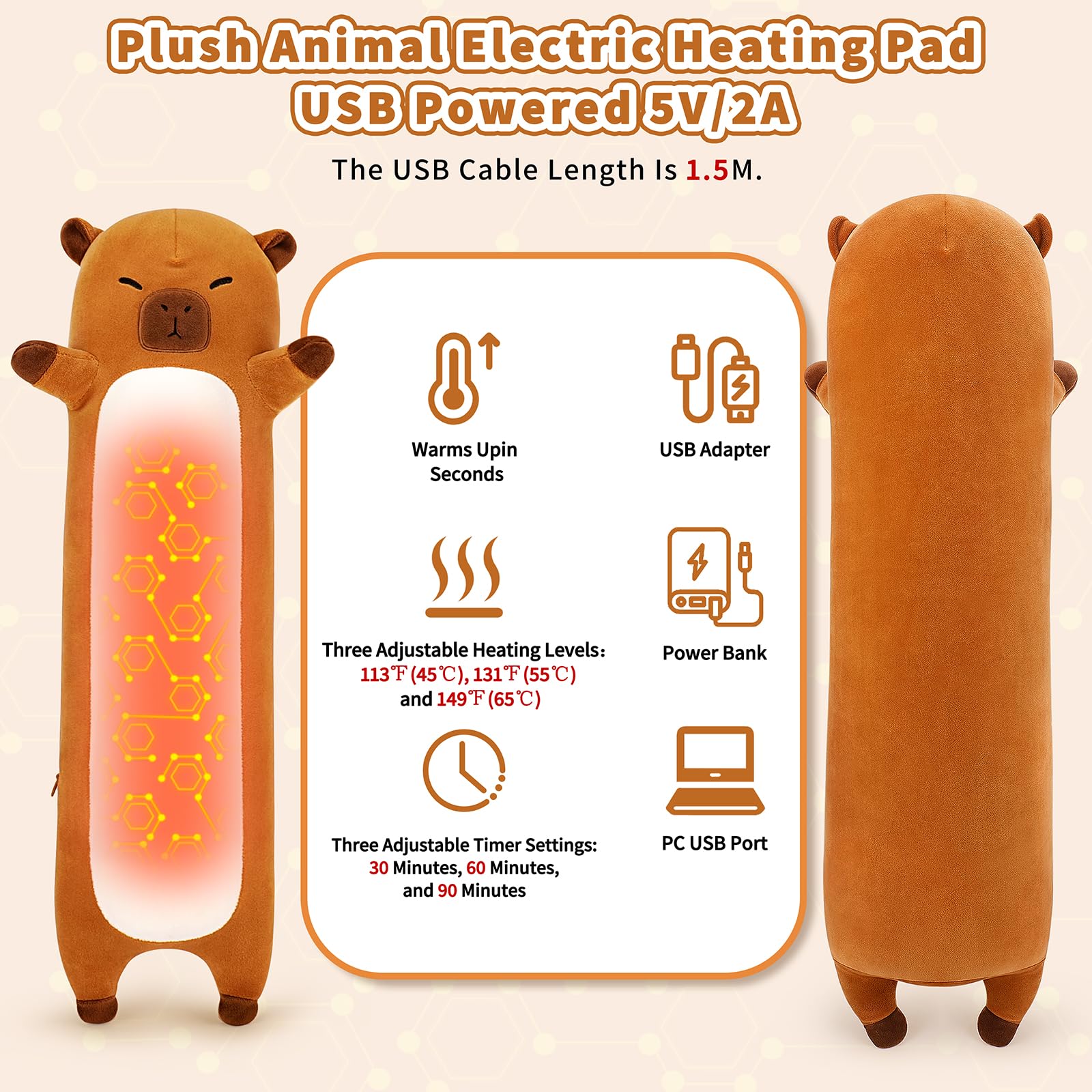 Capybara heating belly contains element for targeted warmth.