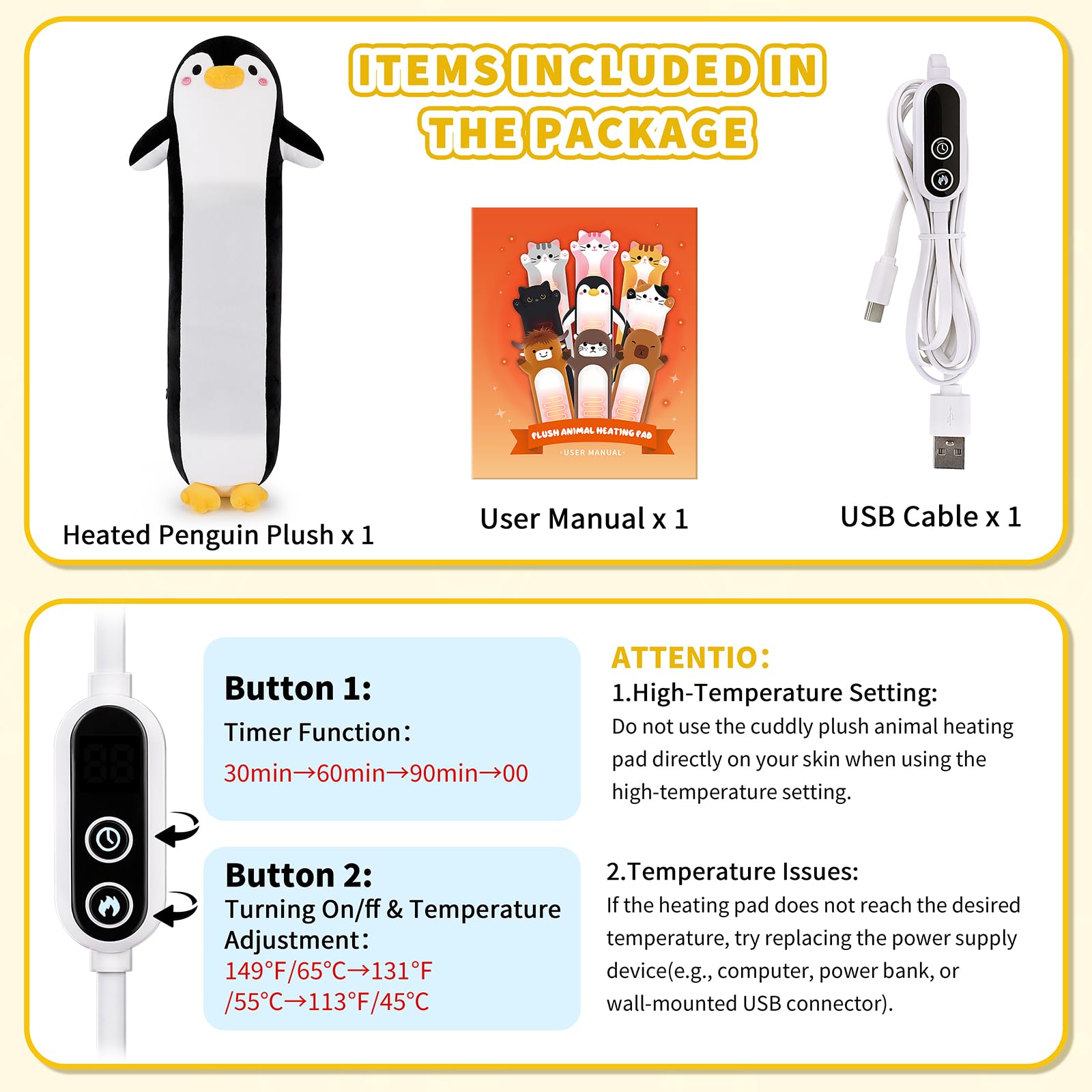 Sprinqdawin Penguin Heating Pad temperature controls, three levels for personalized warmth