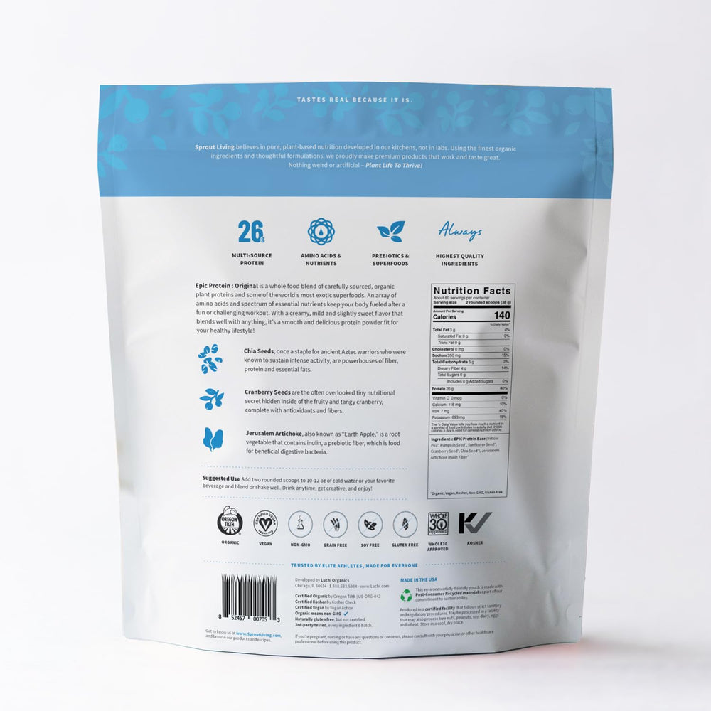 Sprout Living complete vegan protein from five sources supports balanced meals.