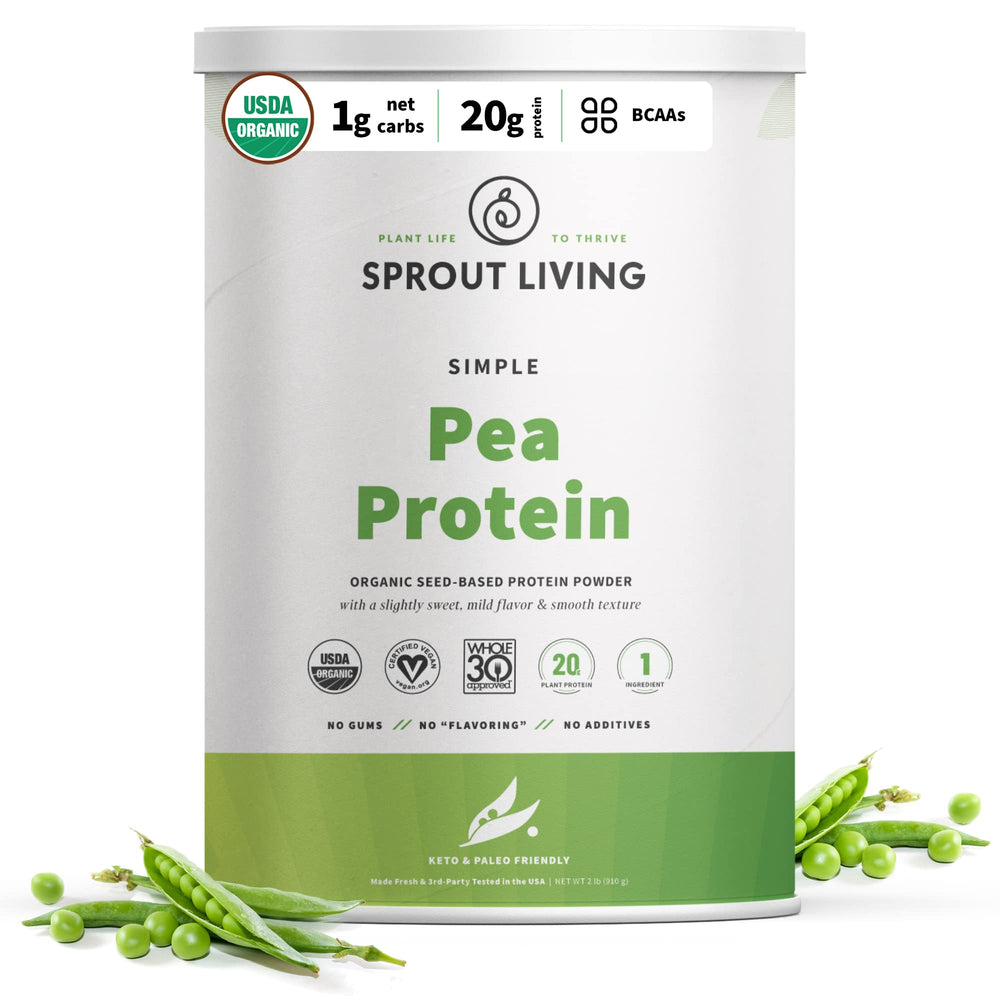 Sprout Living Organic Pea Protein Powder container, ideal for clean shakes.