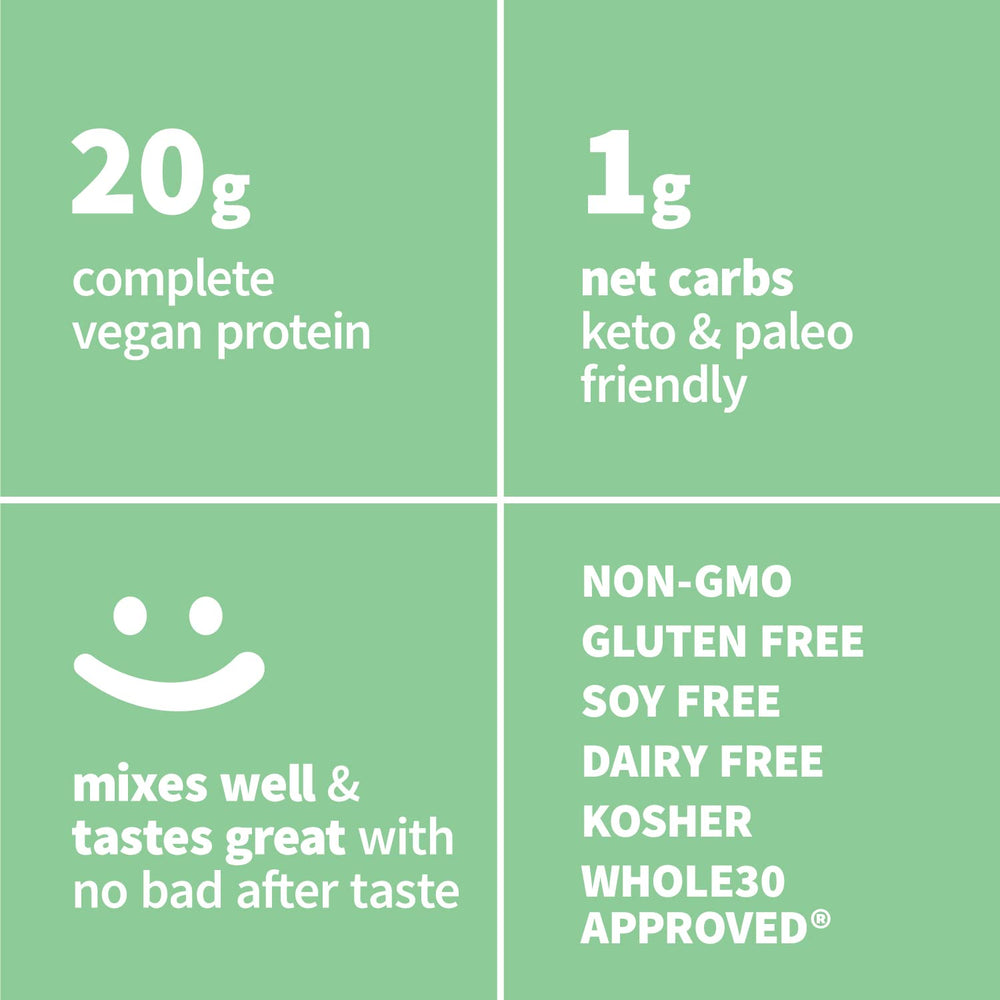 Close-up of Sprout Living pea protein powder label, highlighting no artificial additives.