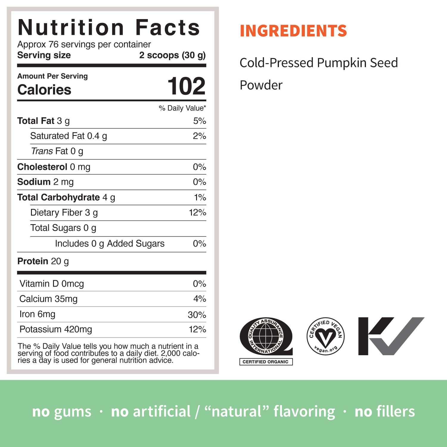 Sprout Living scoop highlights a 20 g vegan serving.