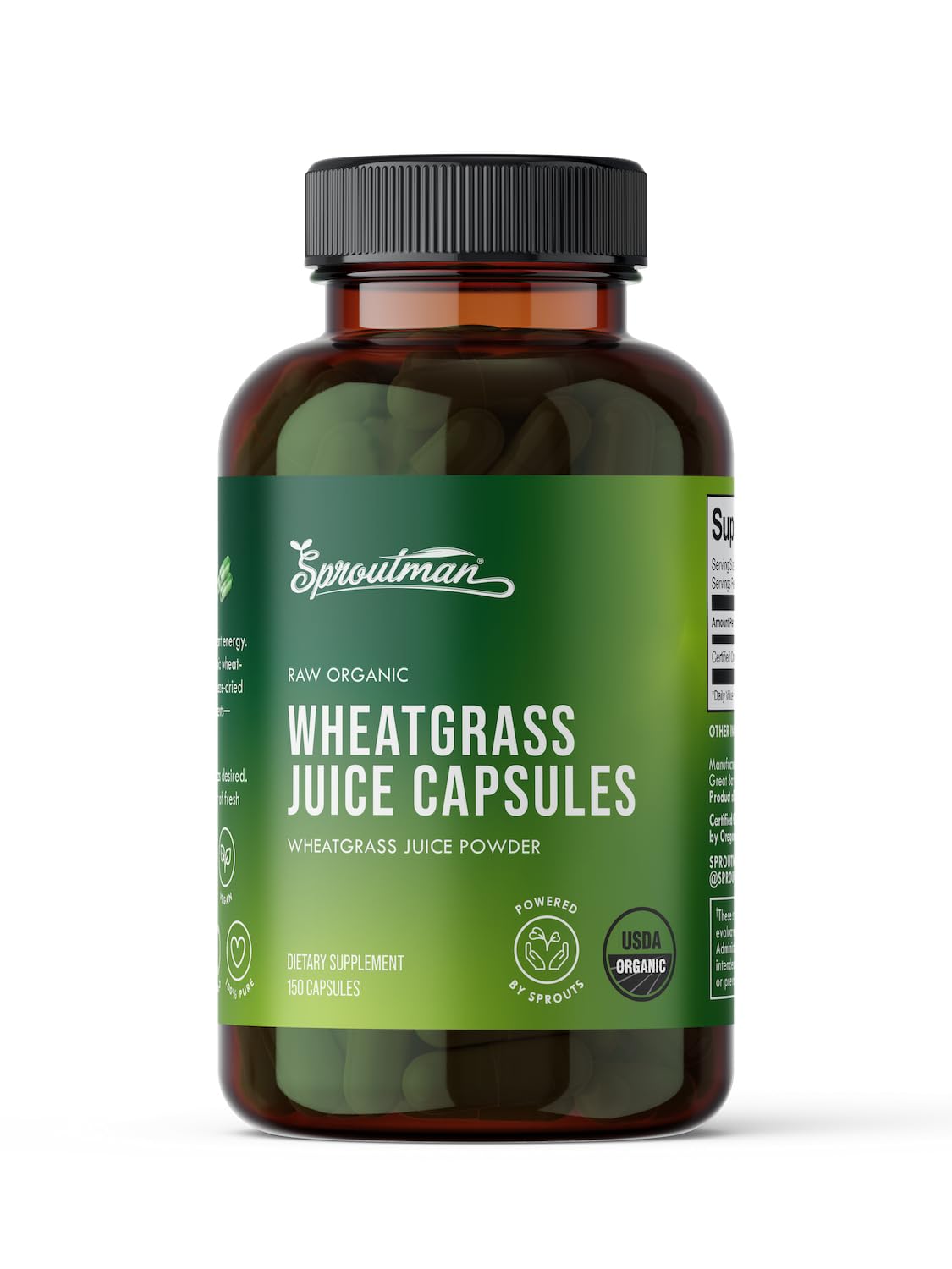 Sproutman organic wheatgrass capsules bottle for easy daily nutrition and energy.