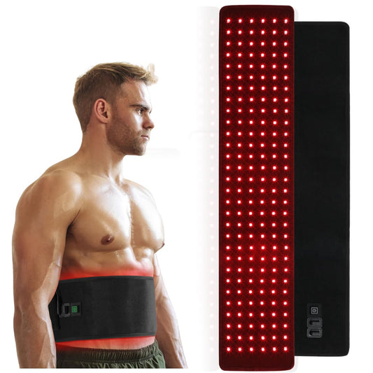 SQUATZ red light therapy belt front view showing dual wavelengths for targeted relief