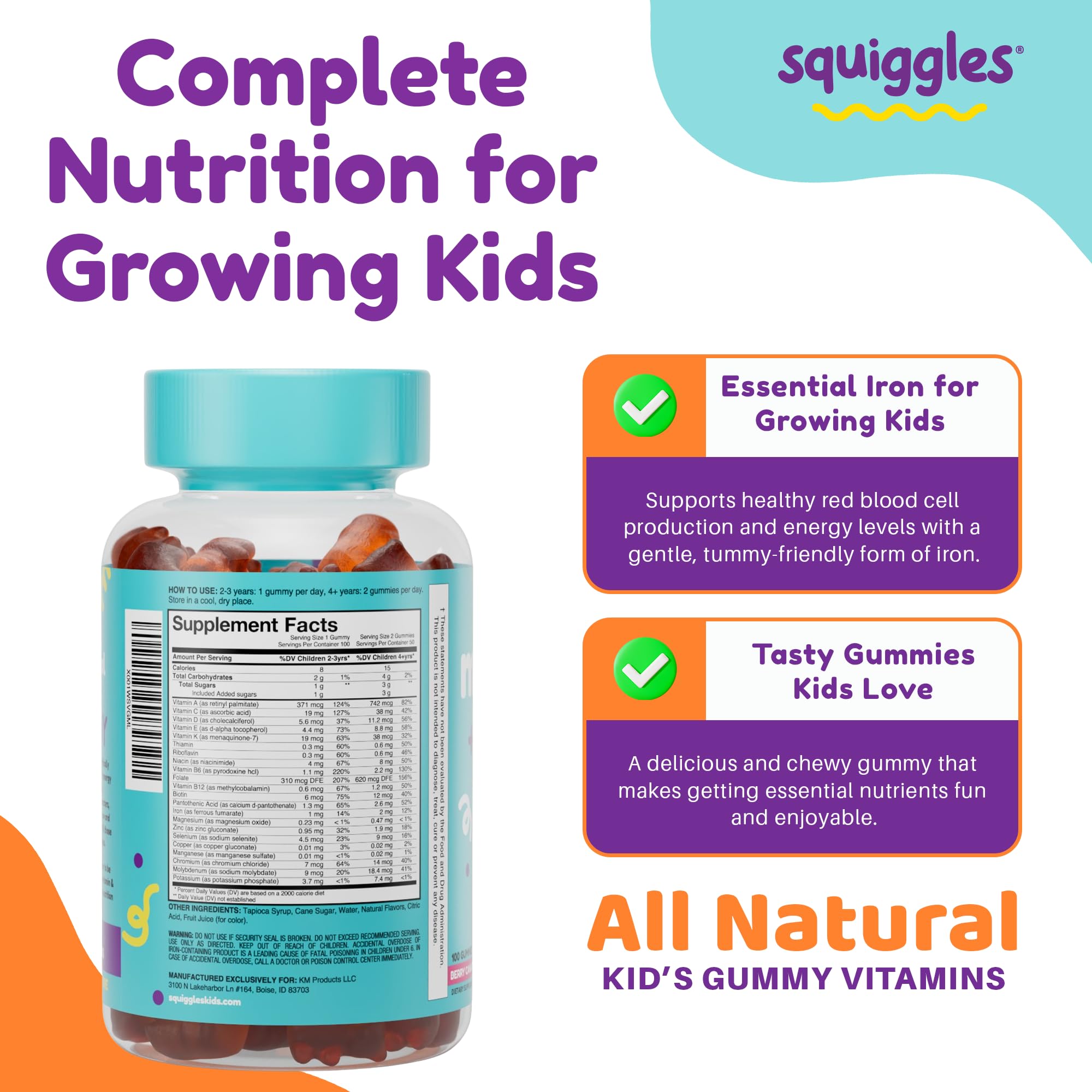 Nutrition facts and ingredients panel showing iron and vitamins in Squiggles