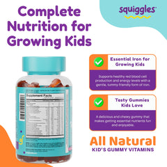 Nutrition facts and ingredients panel showing iron and vitamins in Squiggles