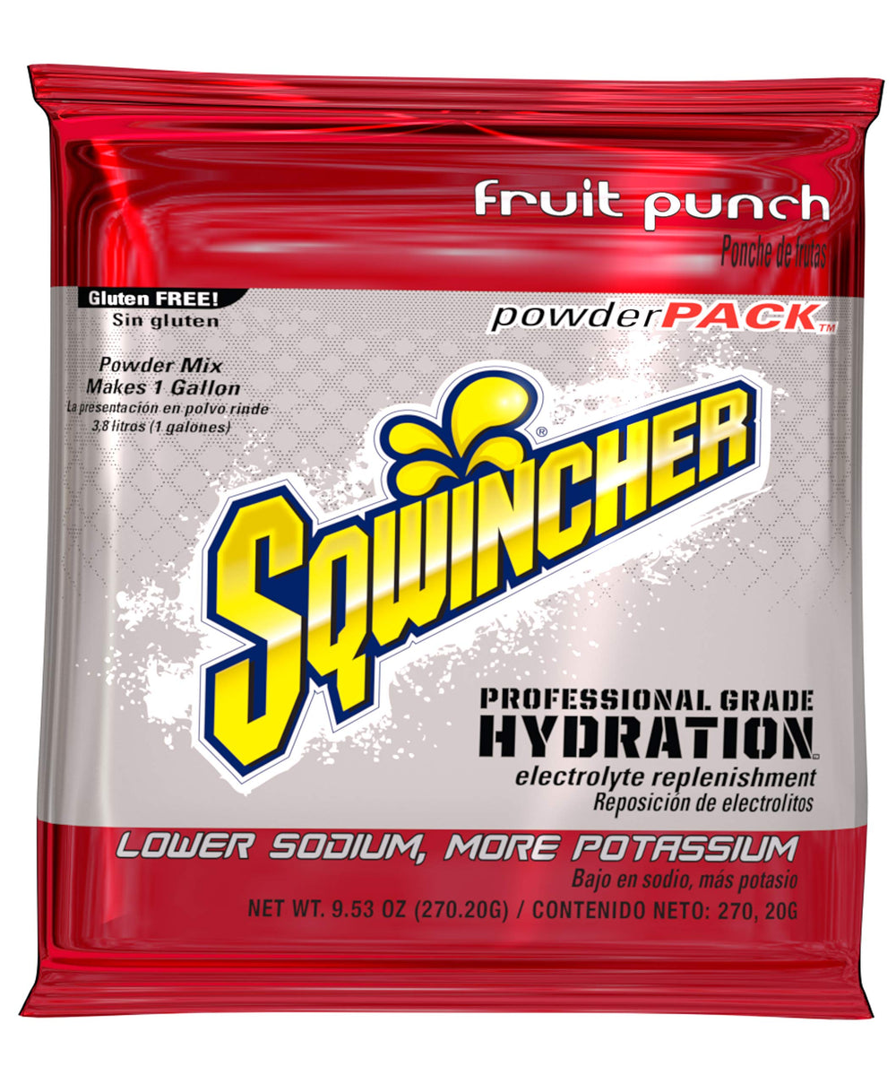 Sqwincher 016005-FP powder pack pouring to create a 1-gallon electrolyte solution for hot-work hydration.