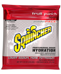 Sqwincher 016005-FP powder pack pouring to create a 1-gallon electrolyte solution for hot-work hydration.