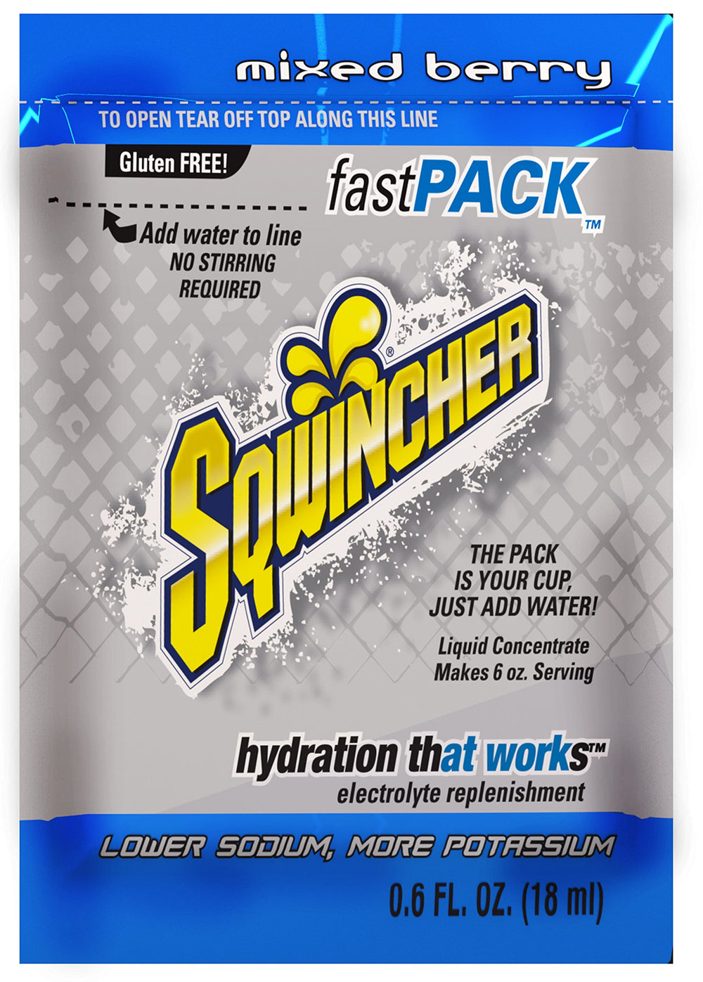 Sqwincher fast-pack liquid concentrate packet blue for rapid electrolyte replacement in hot work environments
