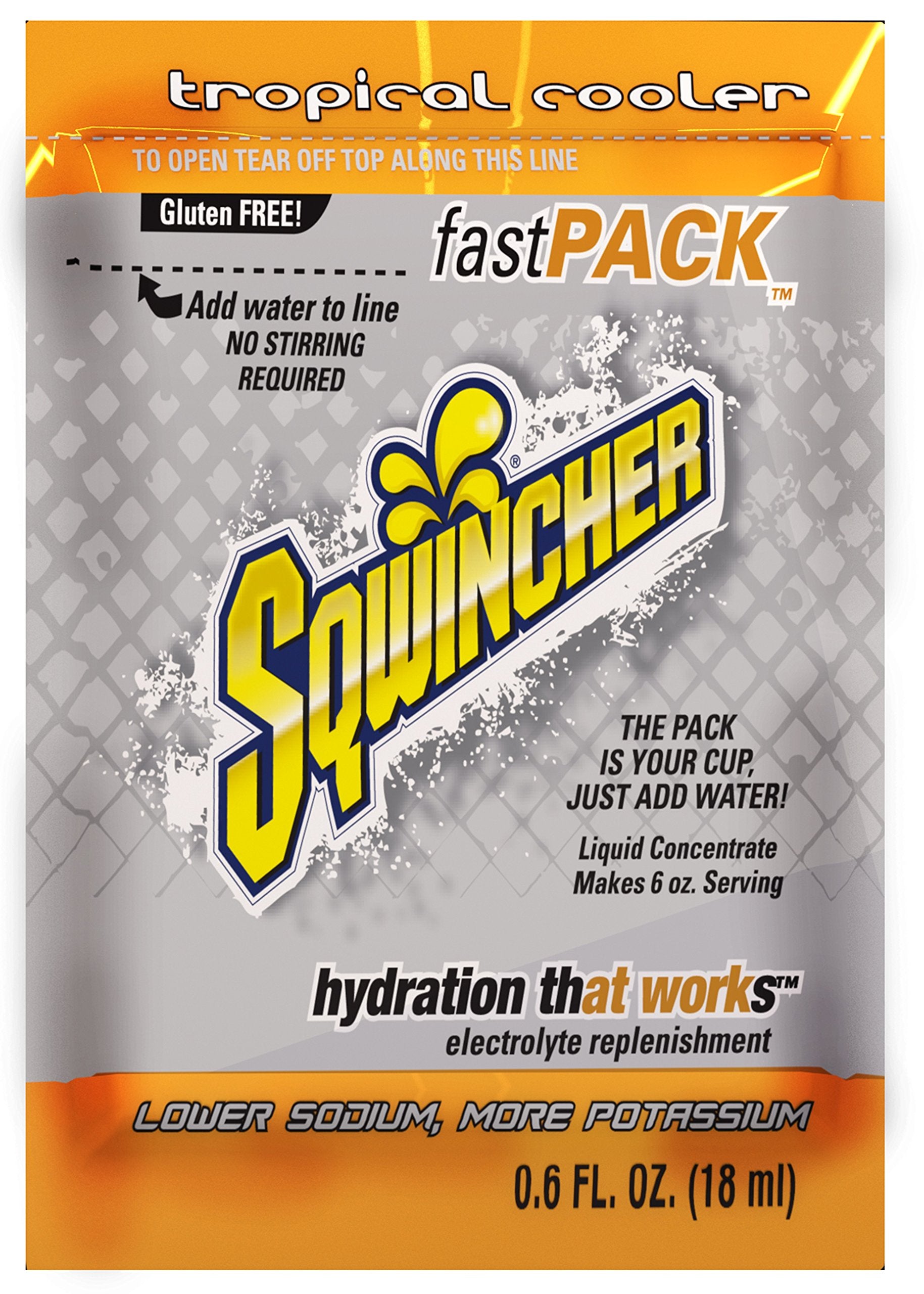 Sqwincher fast pack orange packet for rapid electrolyte replacement in hot work settings.