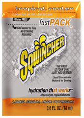 Sqwincher fast pack orange packet for rapid electrolyte replacement in hot work settings.