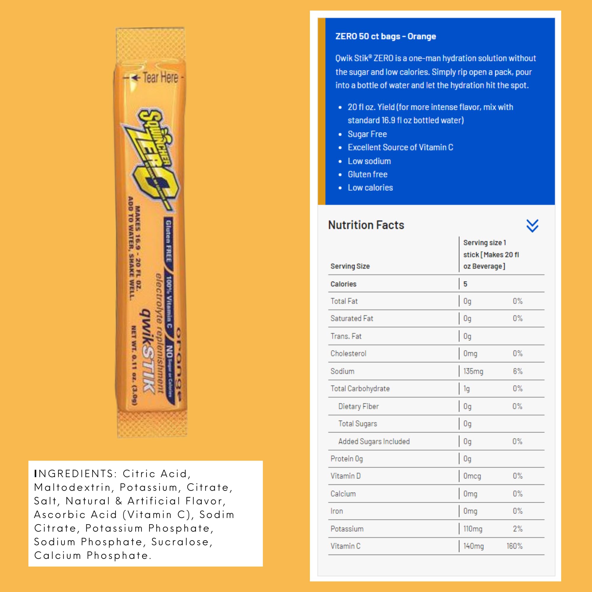 Sqwincher Zero Qwik Stik Orange stick dissolves quickly for fast hydration