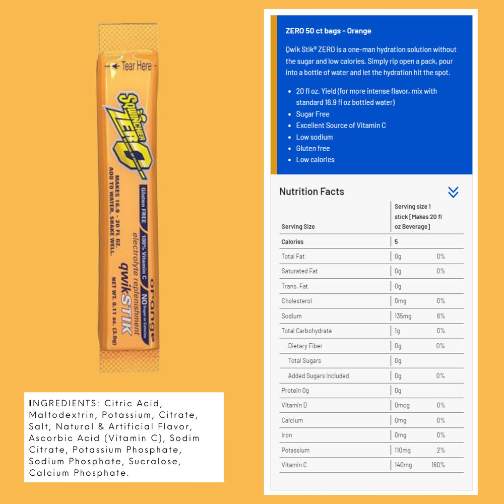 Sqwincher Zero Qwik Stik Orange stick dissolves quickly for fast hydration