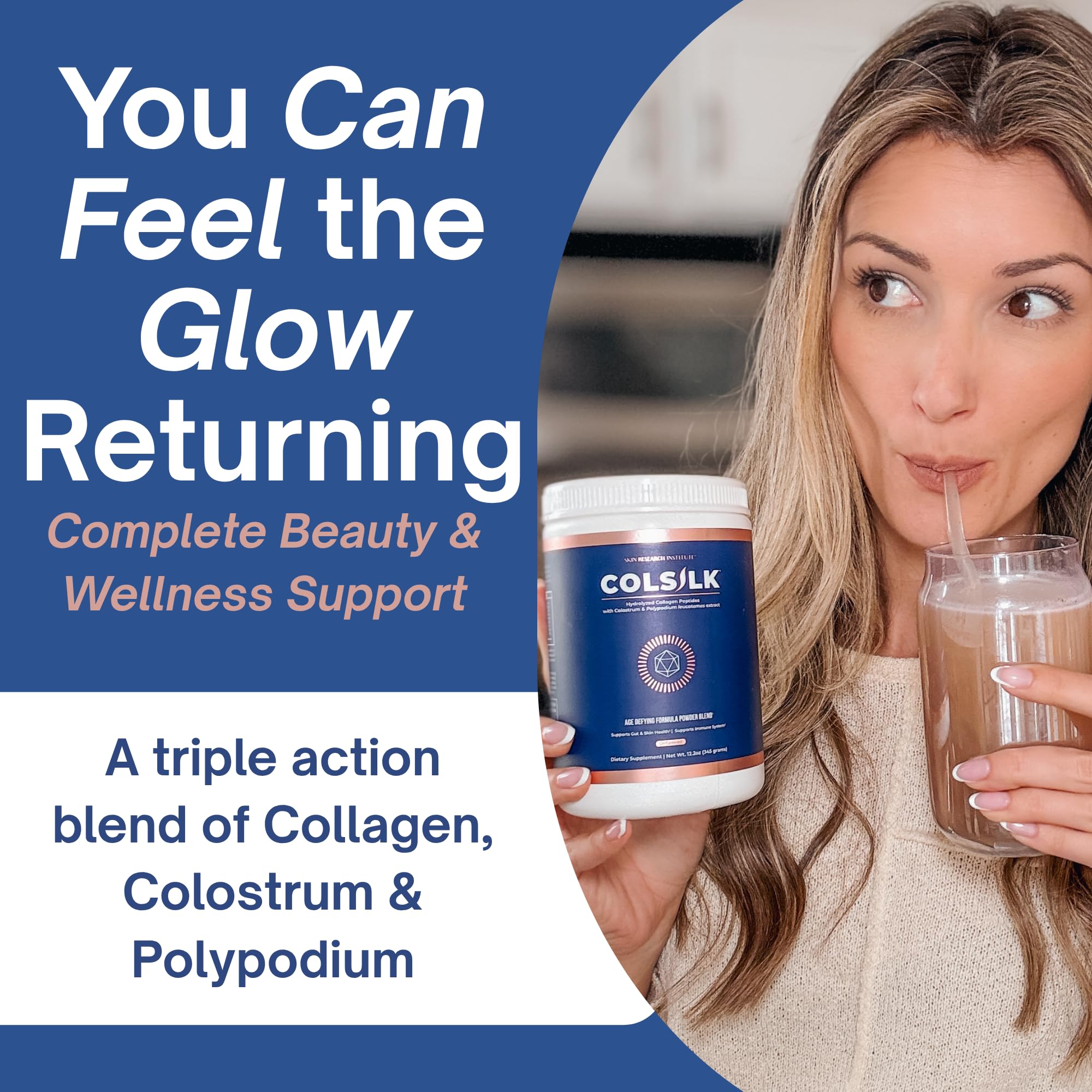 SRILabs ColSilk powder dispense showing easy daily drink mix