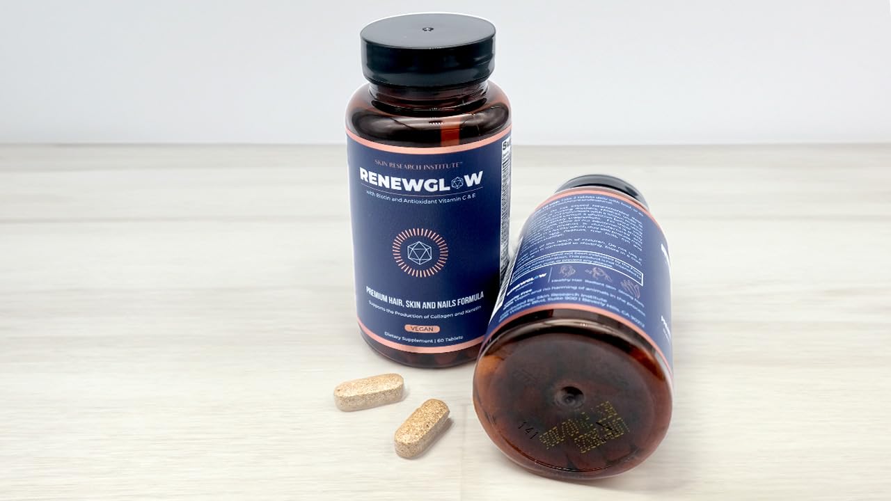 SRILabs Renewglow bottle back showing ingredients for healthy beauty.