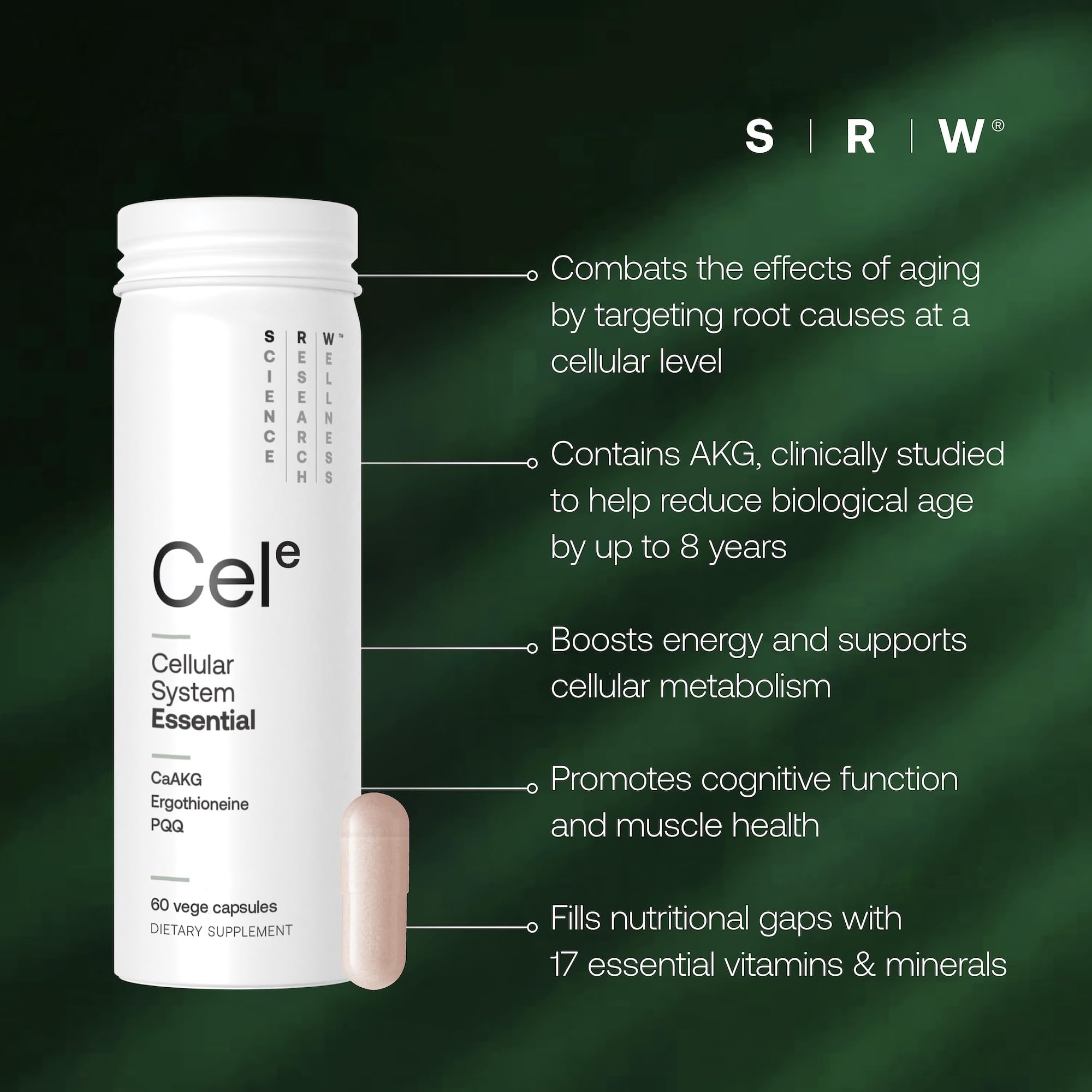 SRW Cel Essential capsules closeup highlighting easy daily intake.