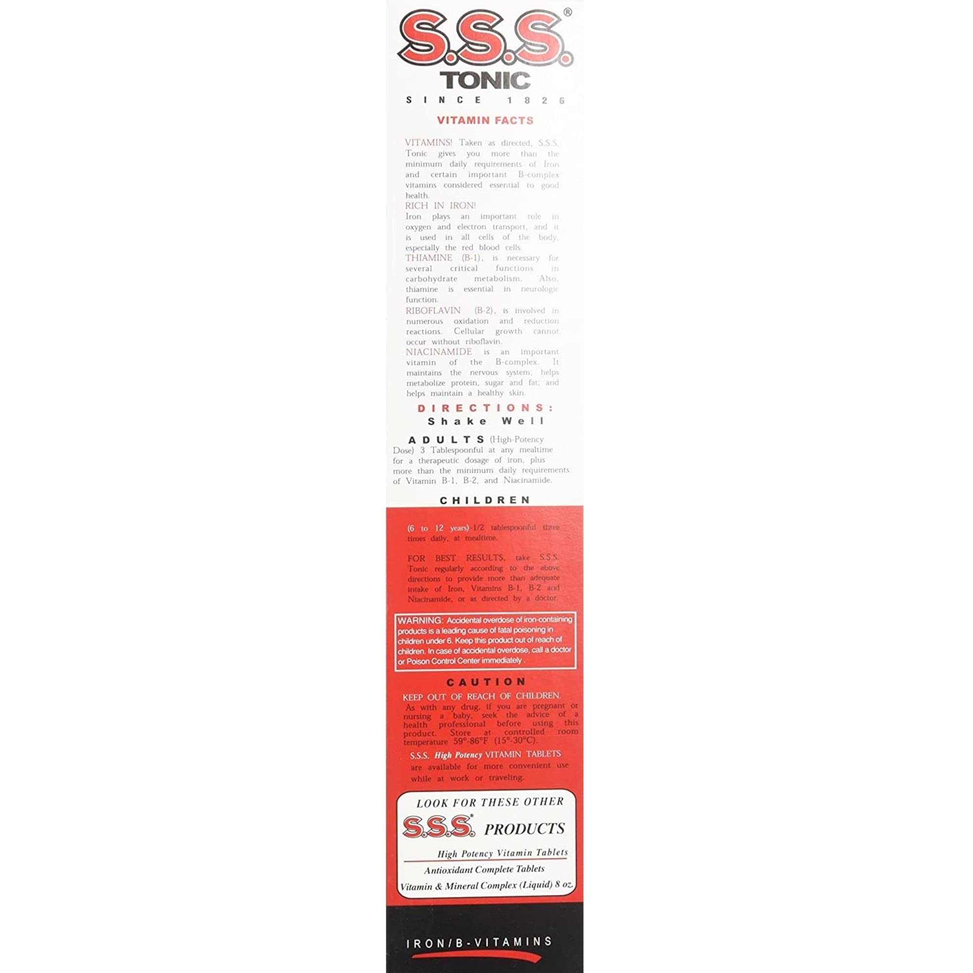 S.S.S. Tonic bottle dosage view showing an easy daily serving of iron and B vitamins