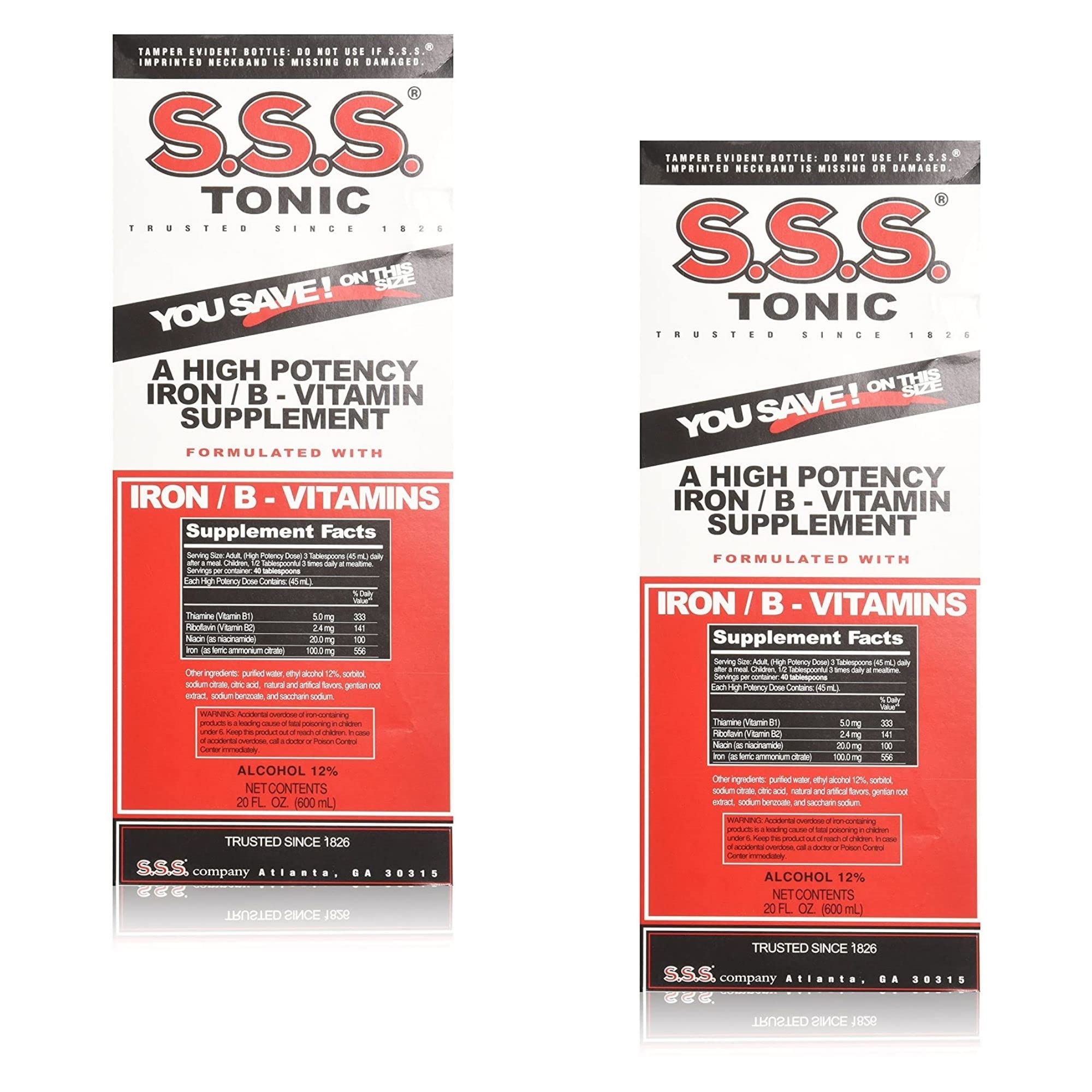 S.S.S. Tonic bottle front view showing iron rich formula and easy to digest liquid