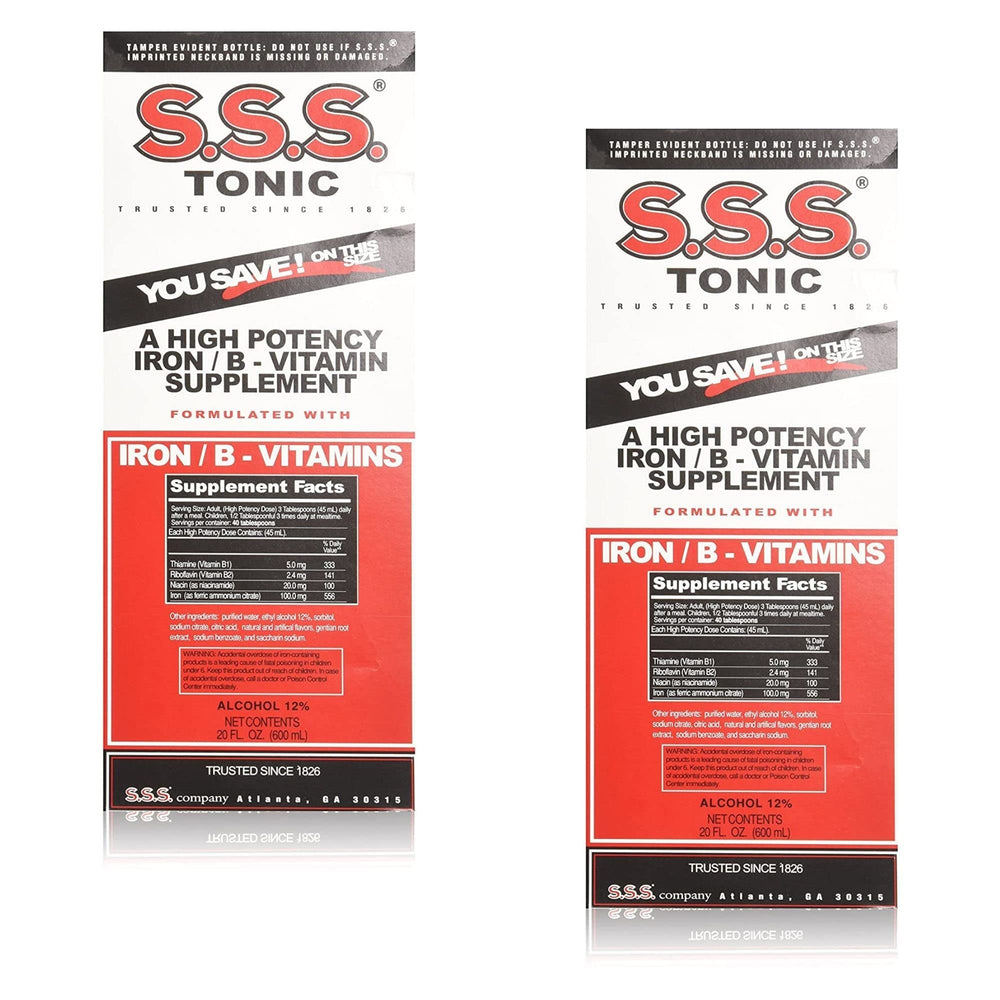 S.S.S. Tonic bottle front view showing iron rich formula and easy to digest liquid