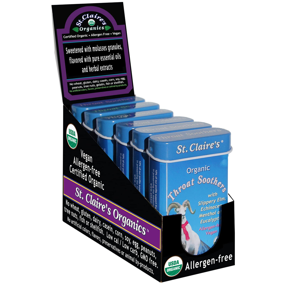 St. Claire's Organics throat soothers tin front view for on-the-go throat relief.