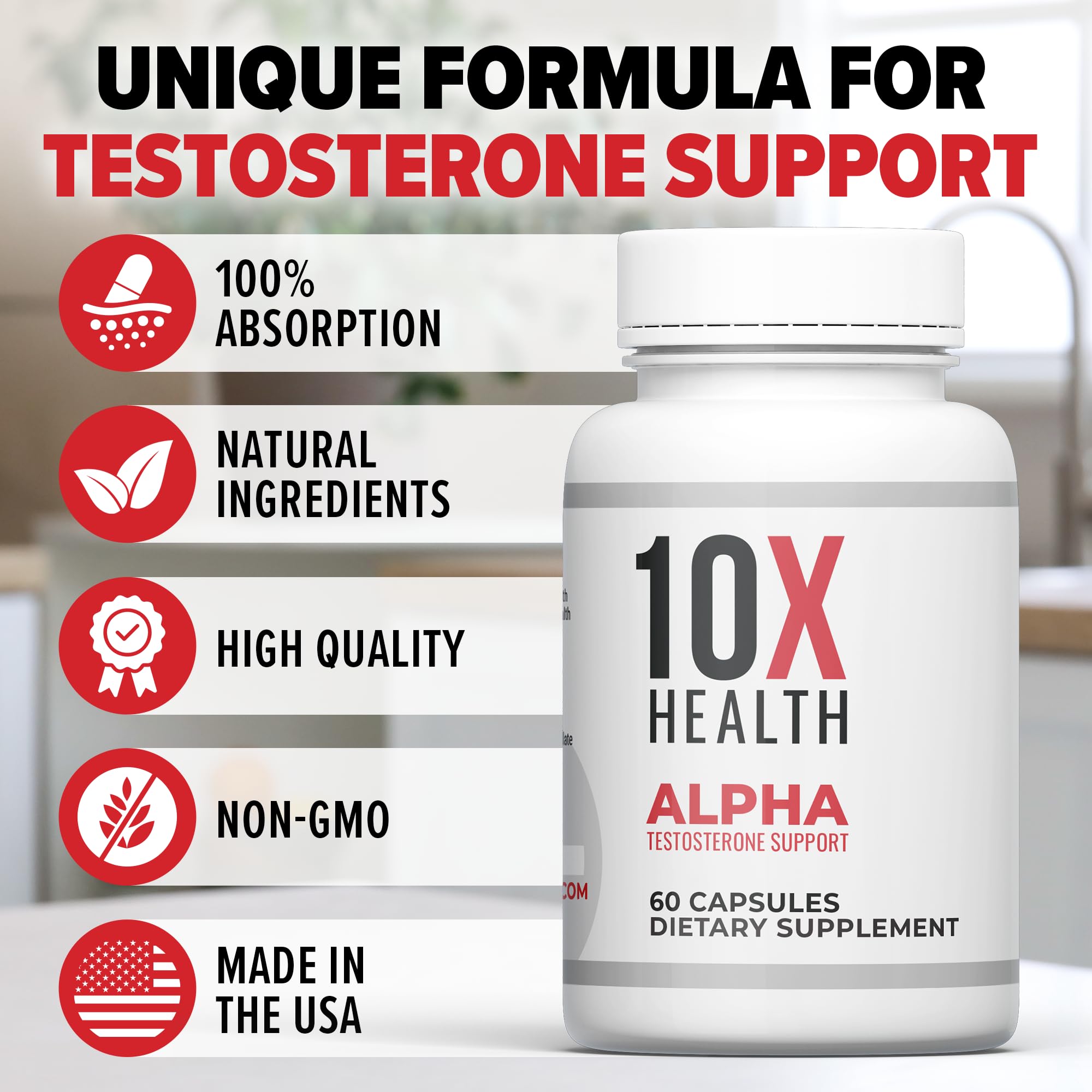 Stacked capsules pictured, 10X Alpha supports simple daily routine.