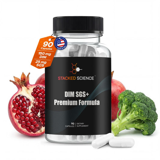 Stacked Science DIM SGS+ bottle front view highlighting plant-based hormone balance support.