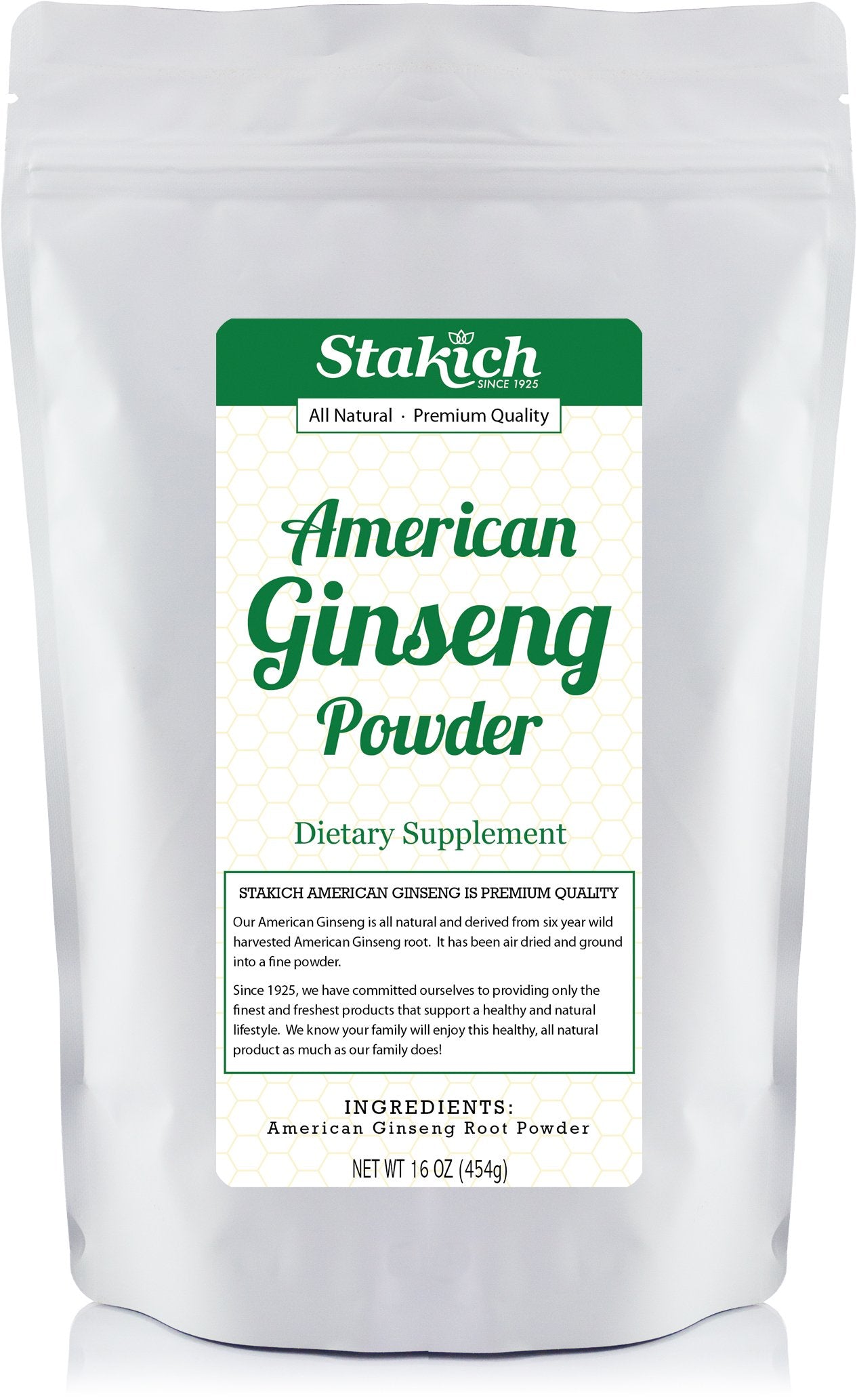 Stakich American Ginseng Root Powder jar shows pure powder for natural energy.