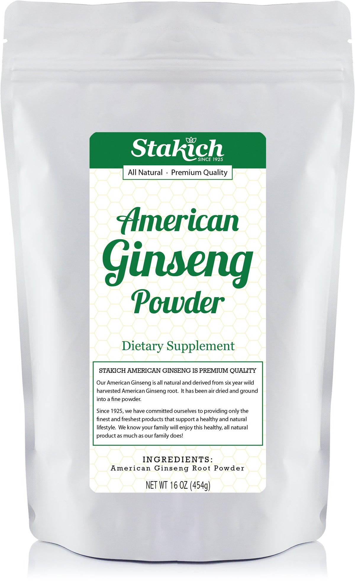 Stakich American Ginseng Root Powder jar shows pure powder for natural energy.