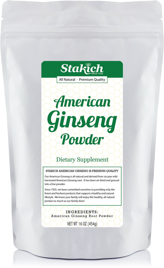 Stakich American Ginseng Root Powder jar shows pure powder for natural energy.