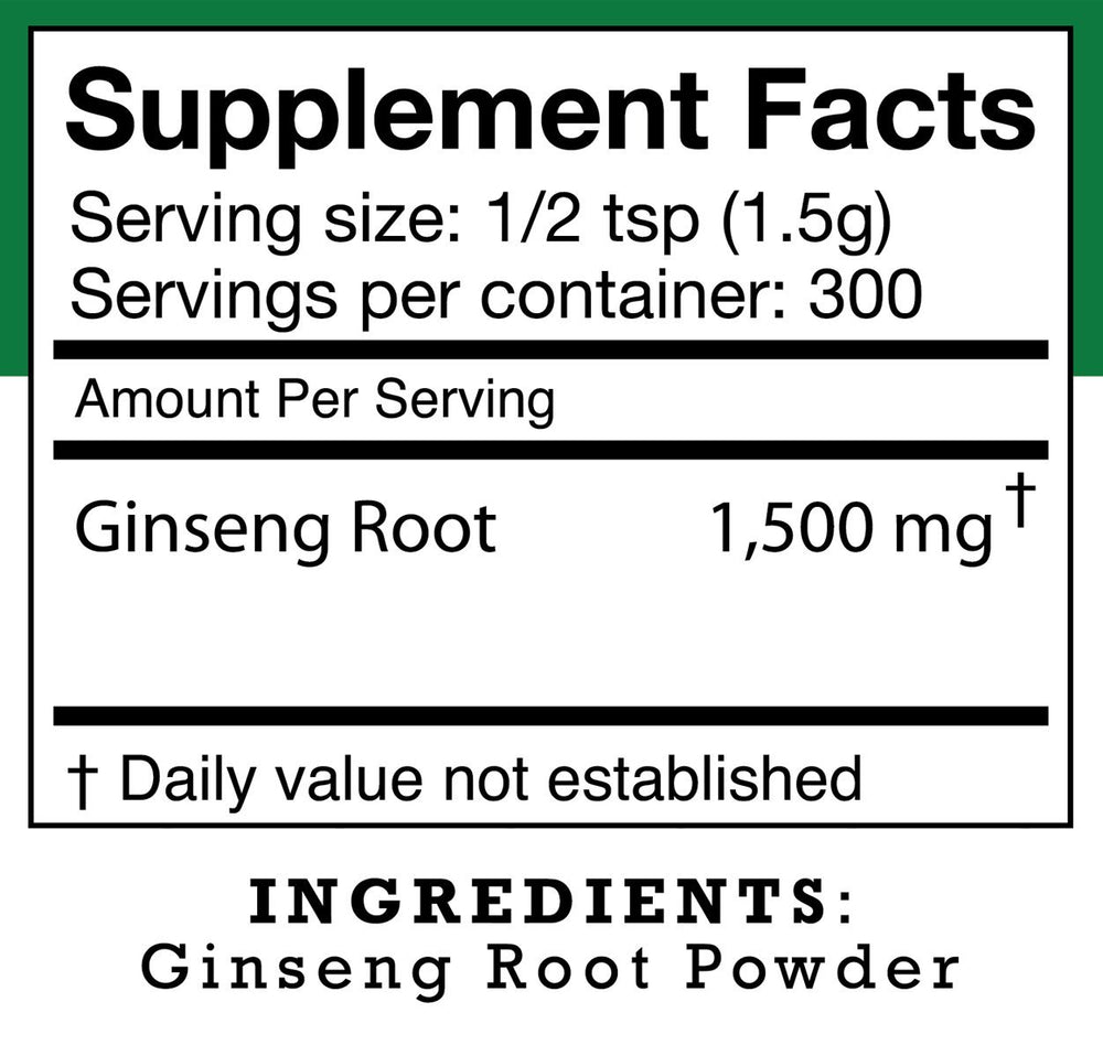 Stakich American Ginseng Root Powder label closeup confirms ingredients and sourcing.