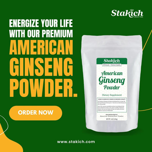 Stakich American Ginseng Root Powder packaging highlights wild-harvested roots and purity.